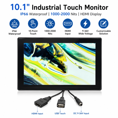 10.1인치 산업 터치 모니터 IP66 방수 고 밝기 1000-2000 Nits HDMI LCD 디스플레이